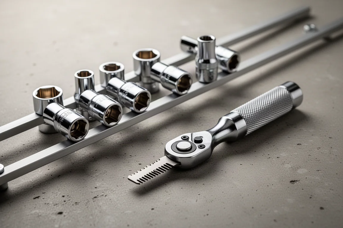 Close-up of chrome socket rails and a fine-tooth ratchet on a workbench