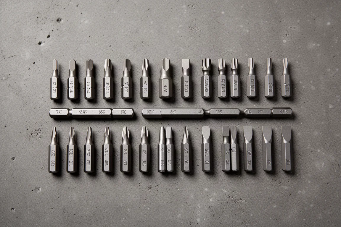 Assortment of small driver bits laid out neatly on a surface