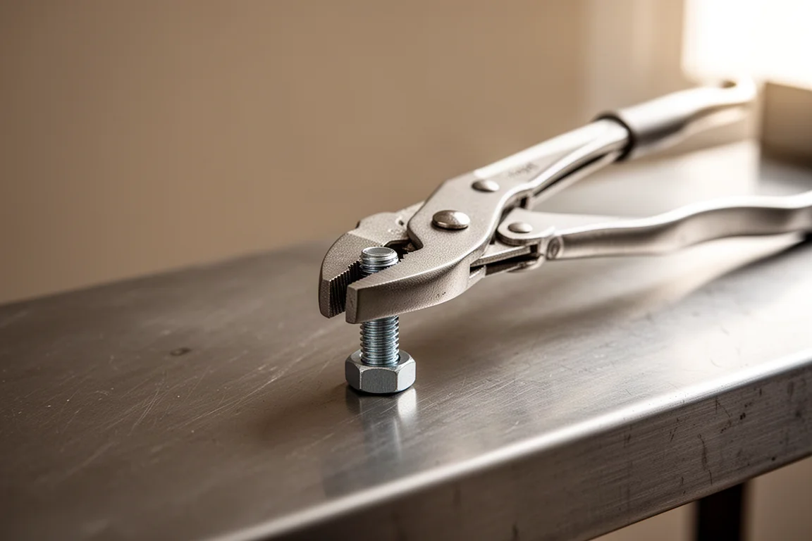Compact pliers gripping a bolt on a workbench under soft light