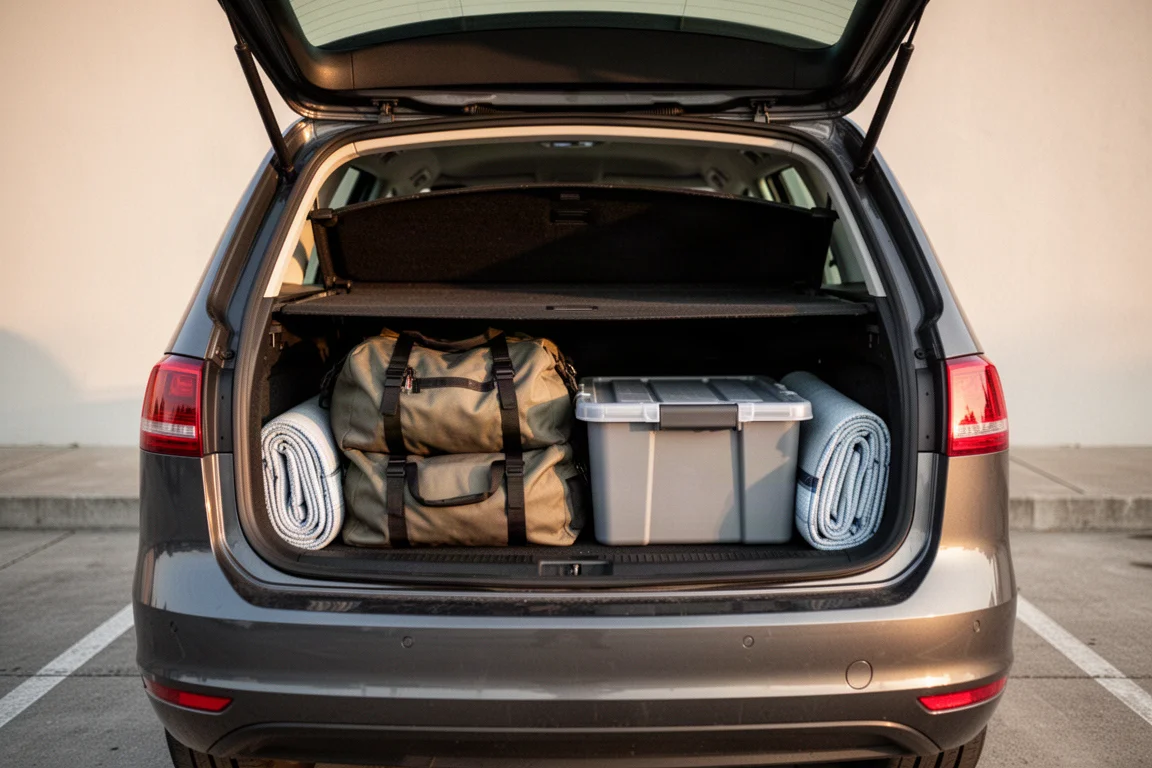 Coffre de voiture ouvert, rangé proprement avec un sac de sport, un bac de rangement et des matelas roulés sous la plage arrière