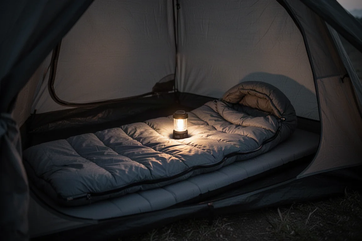 Intérieur de tente au crépuscule avec un système de couchage matelassé et la lueur chaude d'une lanterne