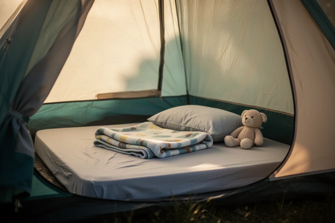 Matelas de camping pour enfant avec une couverture de tout-petit pliée dans une tente à la lumière du matin