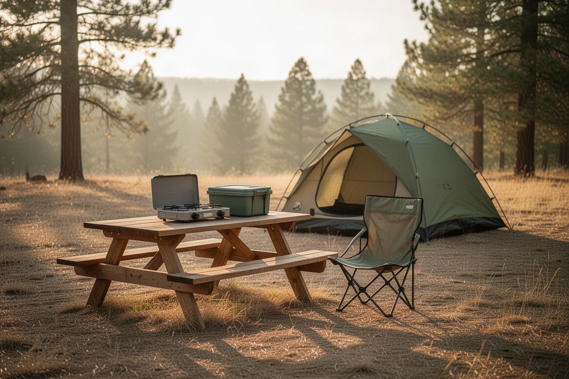 Terrain de camping à l'heure dorée avec table de pique-nique, chaise basse et tente dôme parmi les pins