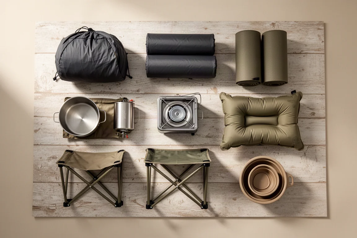 Vue à plat d'équipement de camping compact pour voiture avec tente roulée, matelas, réchaud, oreillers et chaise