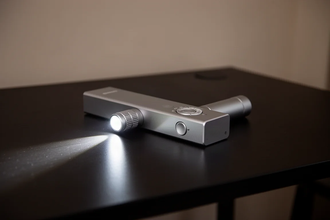 Compacte zaklamp die een smalle bundel werpt in een donkere ruimte