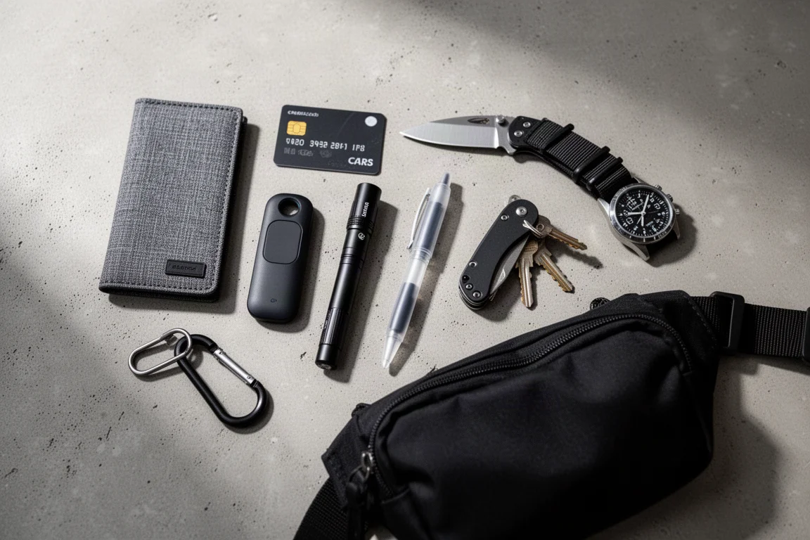 Flat-lay of eight minimal everyday carry items on a concrete surface