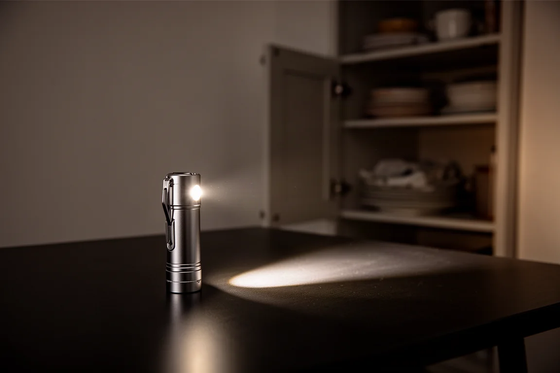 Lanterna de bolso projetando um feixe de luz por um ambiente escuro à noite