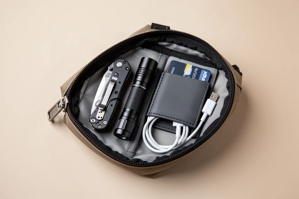 Pouch com zíper cheia de itens EDC organizados, vista de cima