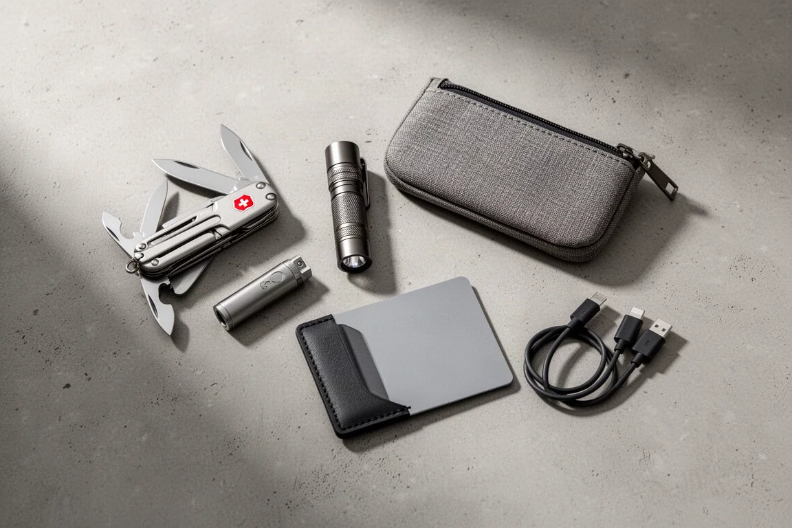 Flat-lay of pocket knife, flashlight, zip pouch, card wallet, and charging cable on concrete
