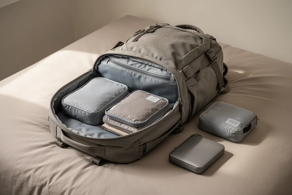 Reisender packt einen großen Clamshell-Rucksack auf einem Bett, mit Ausrüstung daneben ausgelegt