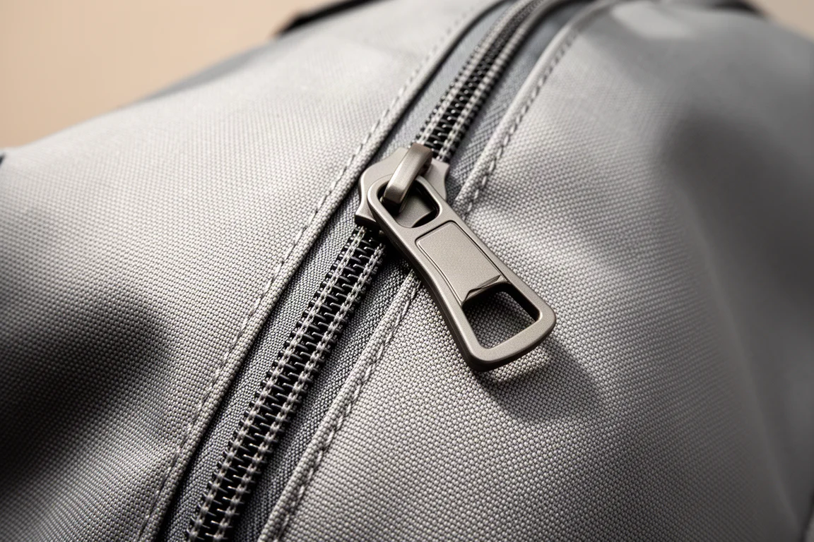 Nahaufnahme von YKK-Reißverschluss und Cordura-Stoffstruktur an der Außenseite eines Rucksacks