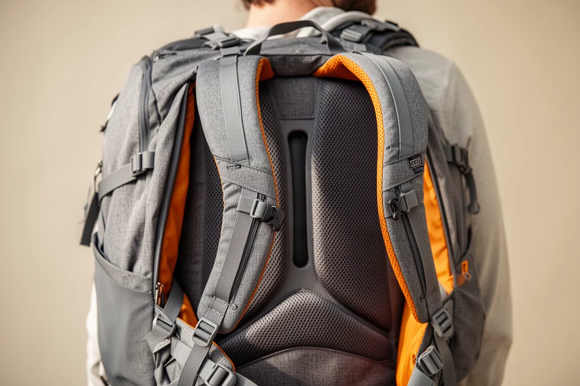 Rückansicht der Rucksackgurte und des belüfteten Rückenpanels auf den Schultern einer Person
