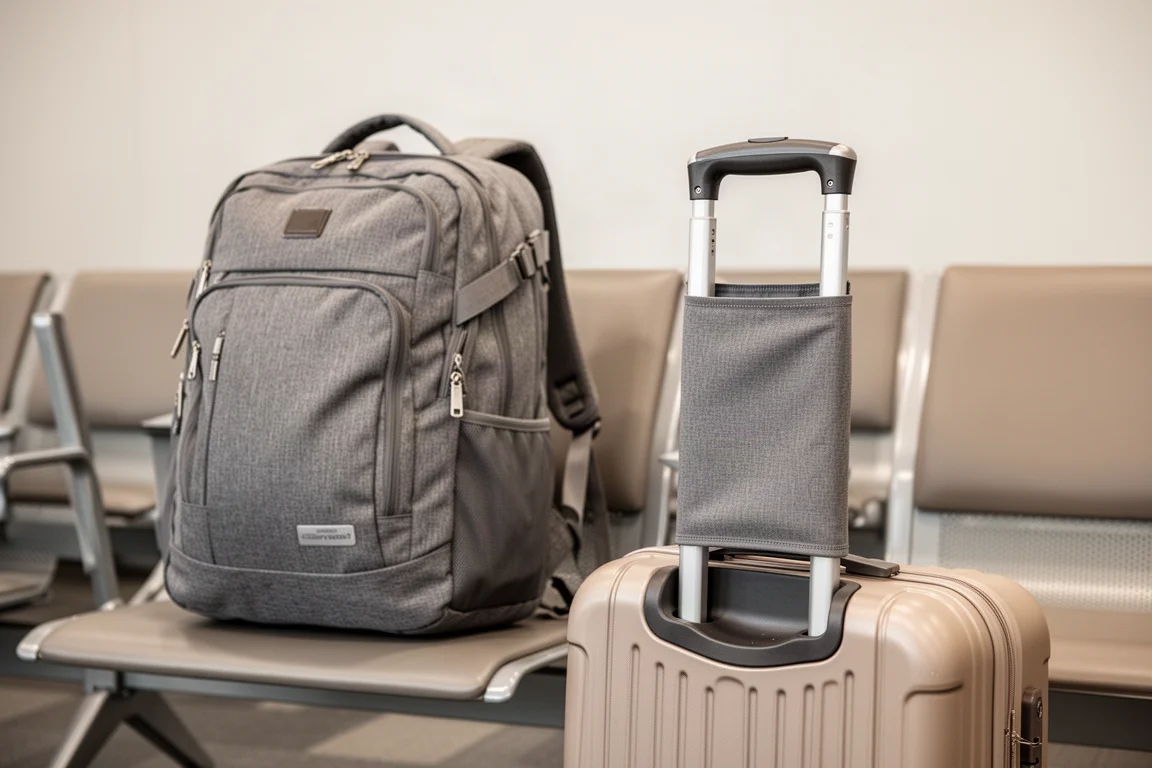 Rucksack gepackt mit Laptop und Taschen neben einem Gepäckdurchgriffsgriff