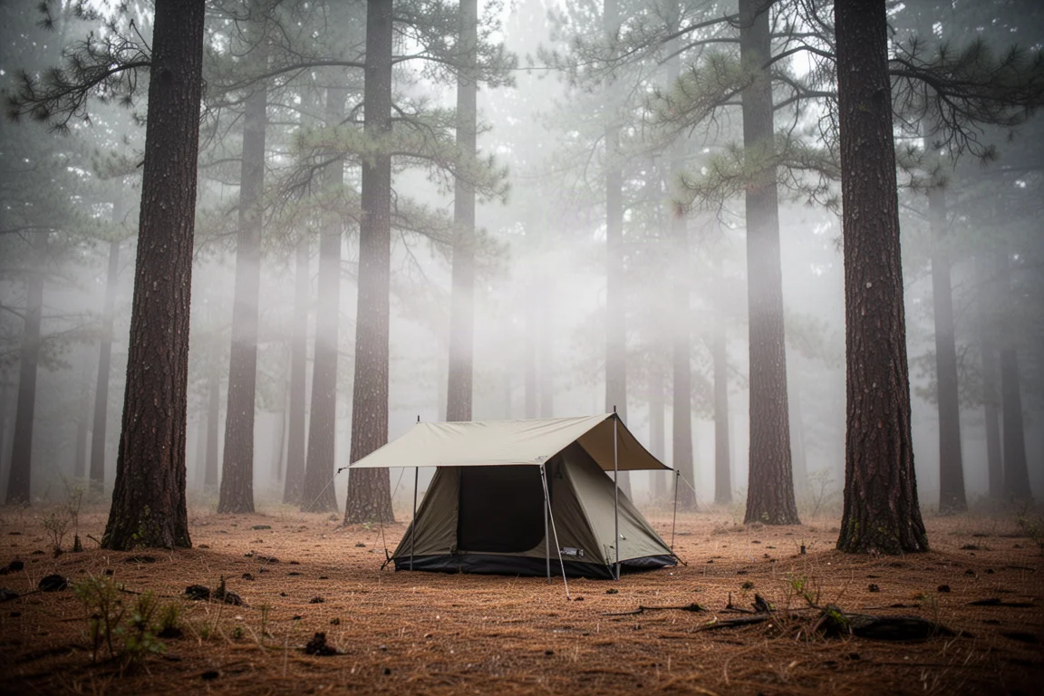 Overhead flat-lay of a minimalist trail kitchen with titanium pot, stove and filter bag
