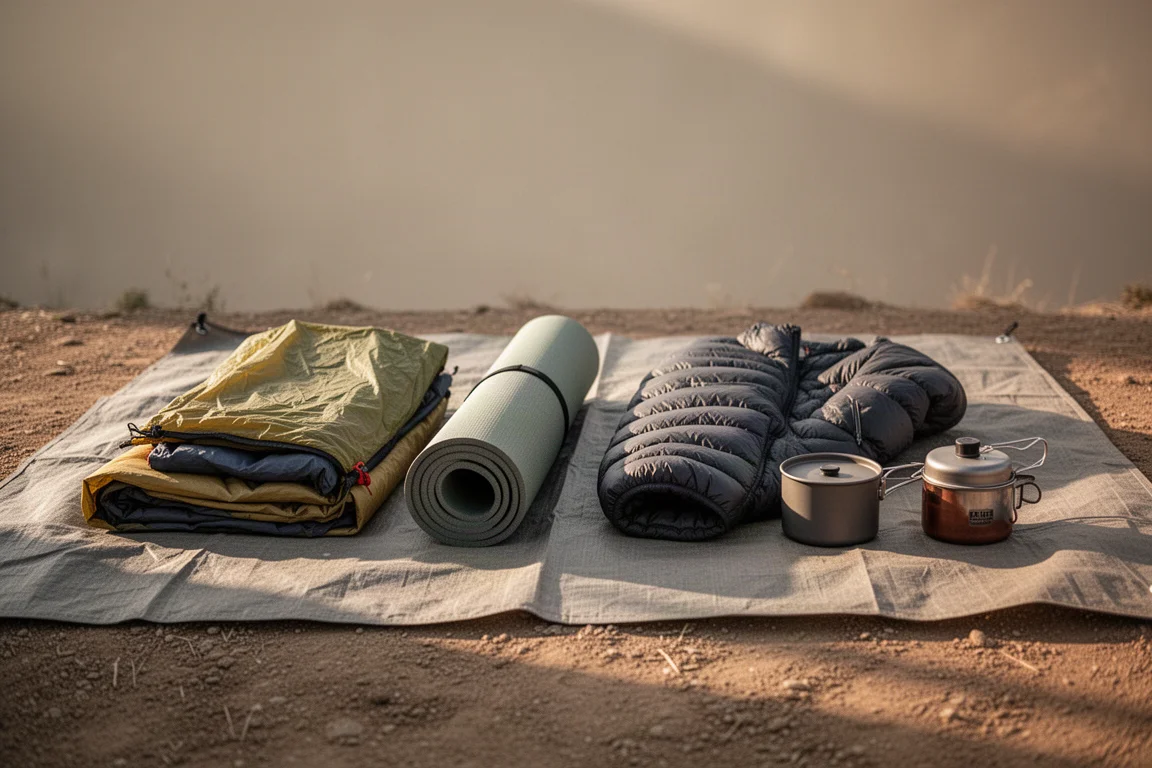 Open ultralight backpack on granite at dawn with gear laid out in rows beside it