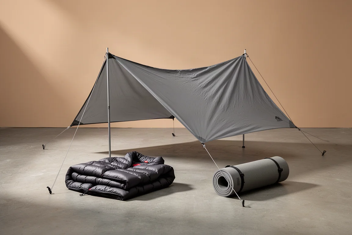 Ultralight tarp shelter, rolled down jacket and titanium pot arranged on concrete