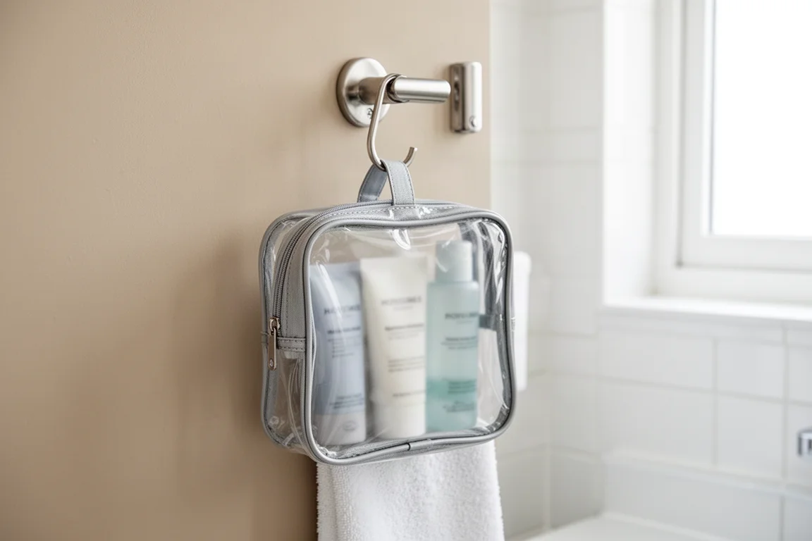 Bolsa de viagem transparente e compacta pendurada em um banheiro de hotel bem iluminado