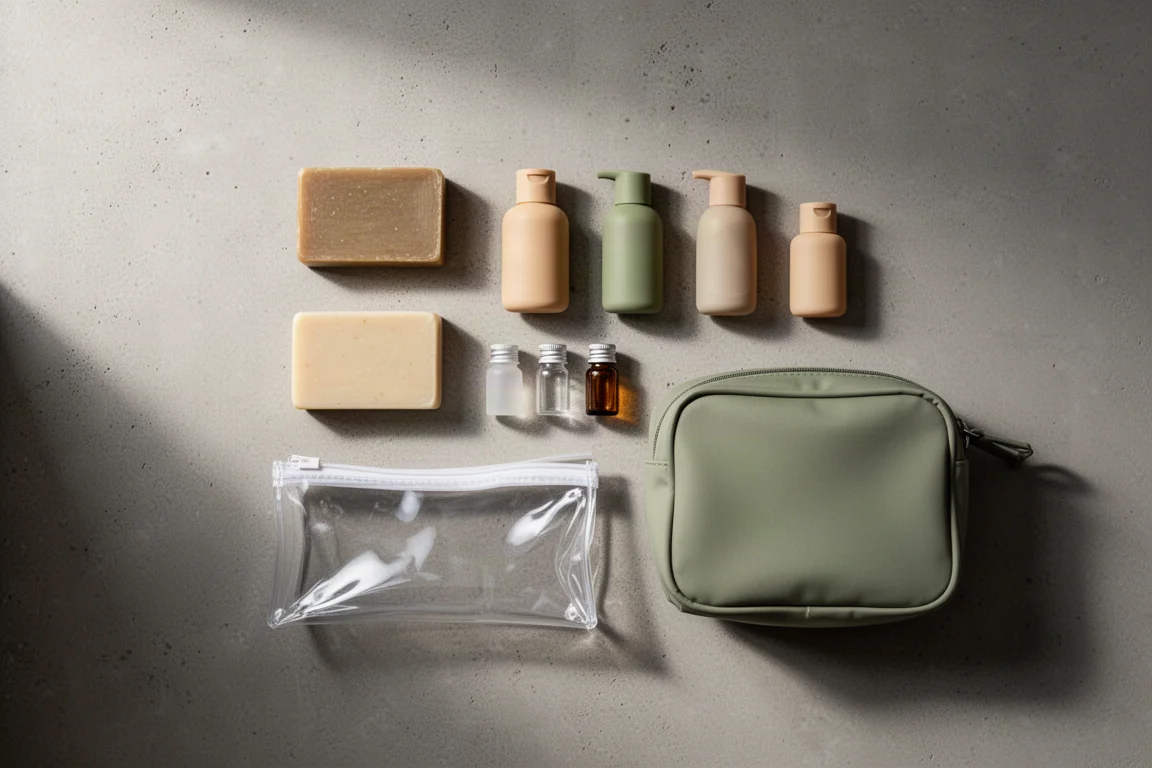 Flat-lay of solid toiletry bars, mini bottles and clear travel pouches on concrete