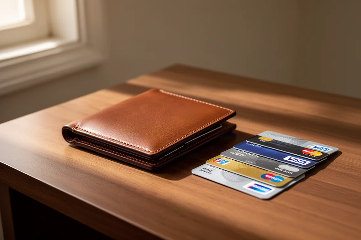 Portefeuille minimaliste en cuir posé sur un bureau avec des cartes en éventail