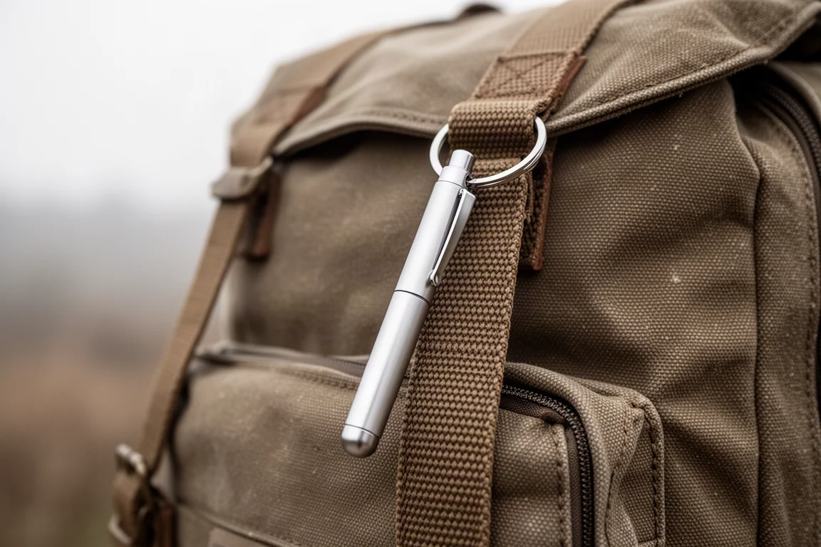 Stylo en aluminium compact accroché à une sangle de sac à dos en extérieur