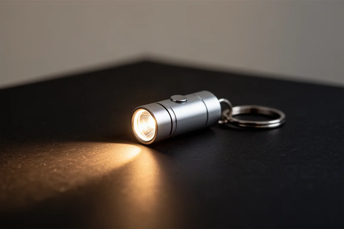 Minuscule lampe de porte-clés projetant de la lumière sur une surface sombre