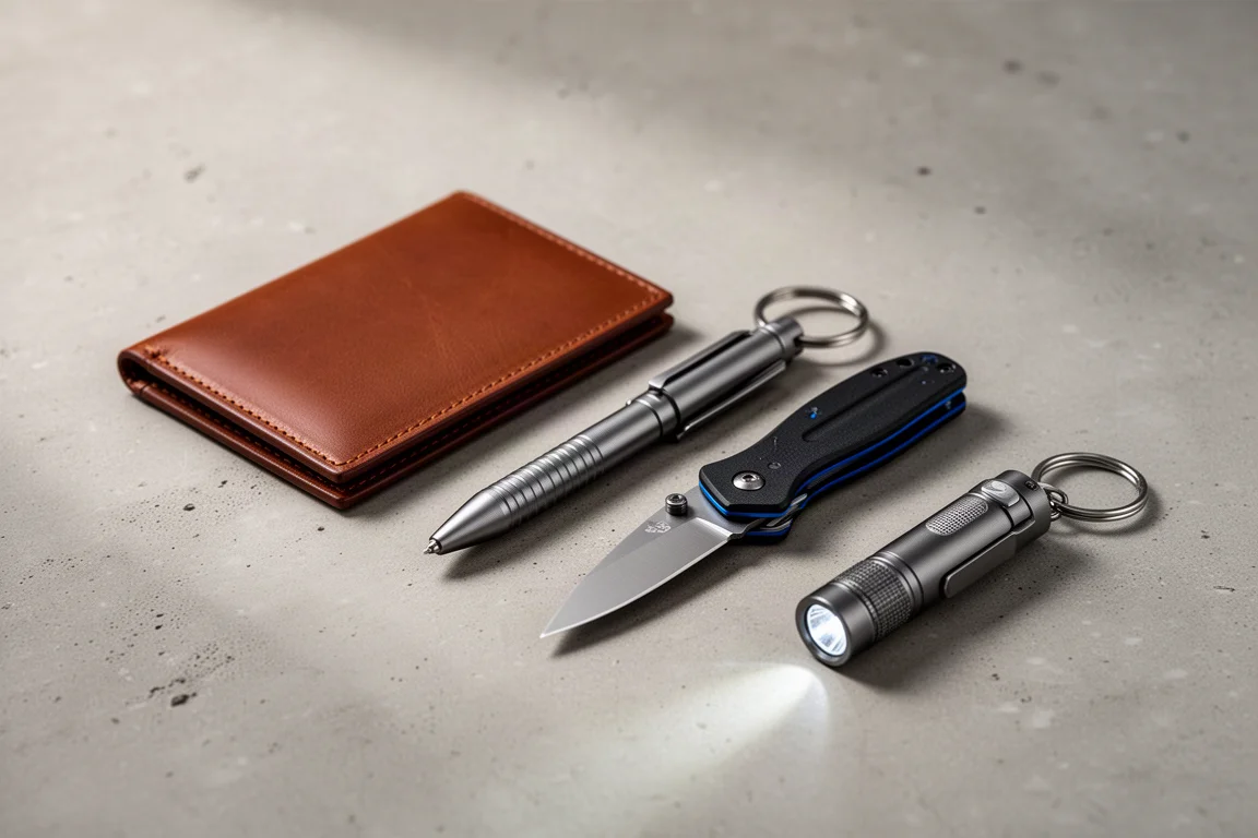 Four minimalist everyday carry items arranged on a concrete surface