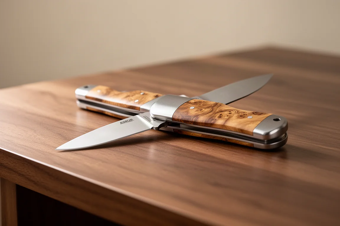 Couteau pliant avec plaquettes en loupe de bois posé sur un bureau en bois