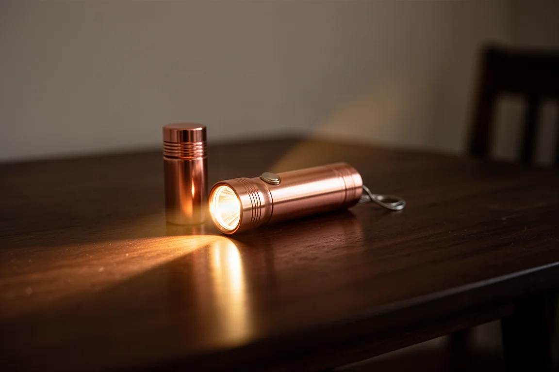 Petite lampe en cuivre diffusant une lueur chaude dans une pièce sombre