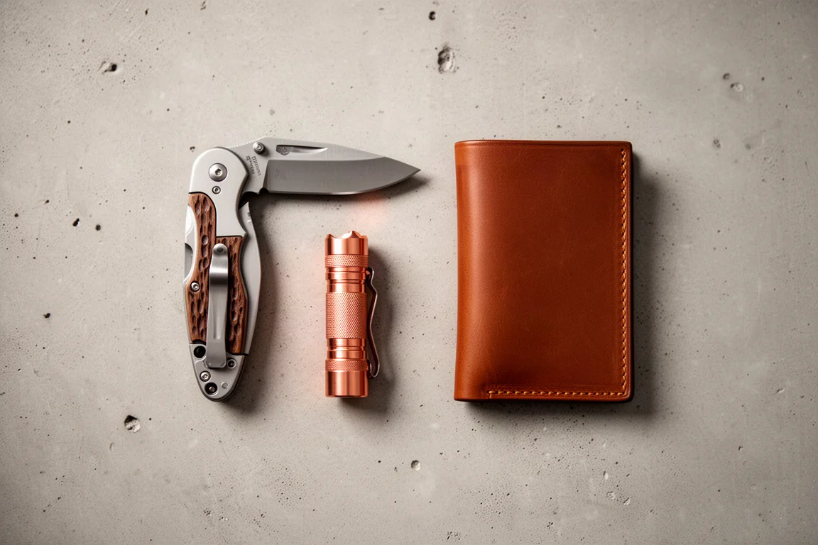 Accessoires EDC minimalistes disposés à plat sur un bureau