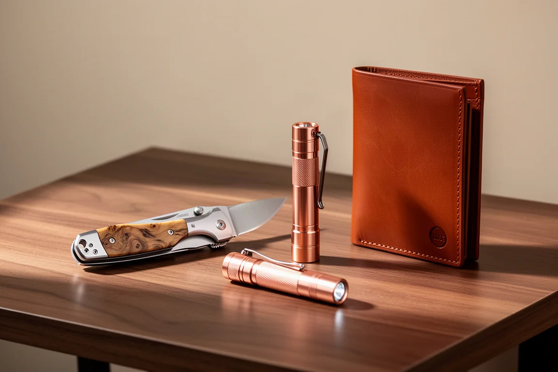 Pocket knife, copper flashlight, and leather wallet arranged on a wooden desk