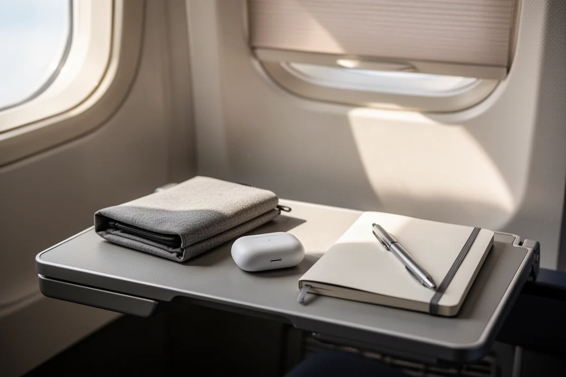 Passagiersitzbereich in einem Flugzeug mit kleinem Tech-Beutel und Ohrhörern auf dem Klapptisch