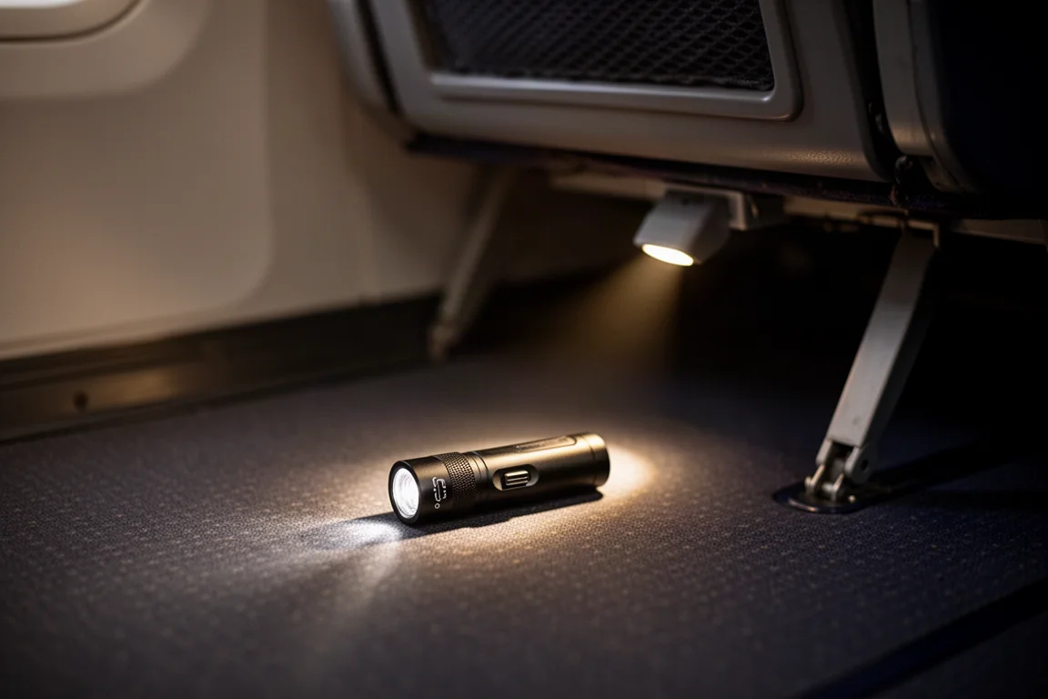 Kompakte Taschenlampe wirft einen kleinen Lichtstrahl unter einen Flugzeugsitz bei gedämpftem Kabinenlicht