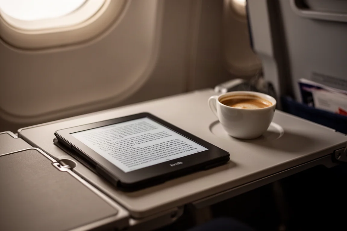E-Reader auf einer gefalteten Flugzeugdecke auf einem Flugzeugklapptisch