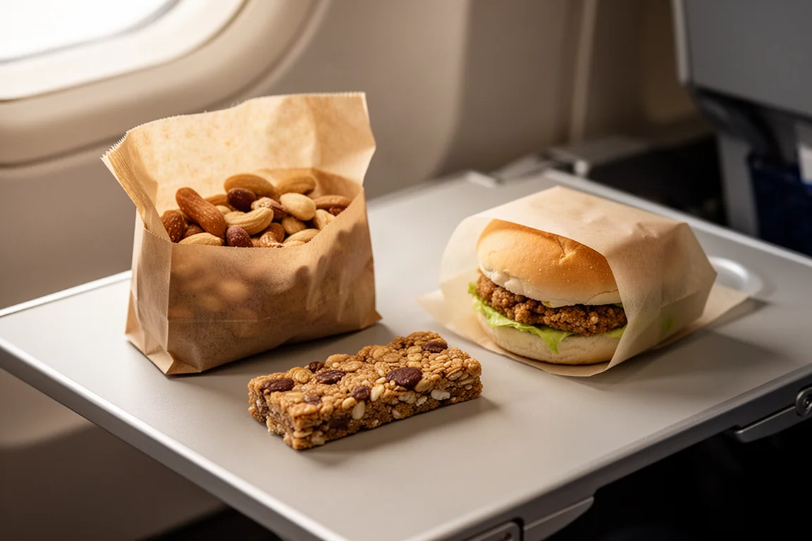 Reisesnacks in Papiertüten, arrangiert auf einem Flugzeugklapptisch