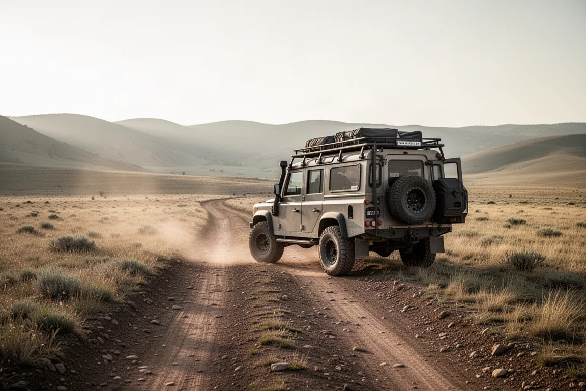 Vehículo de overlanding estacionado en un camino de tierra accidentado en terreno abierto