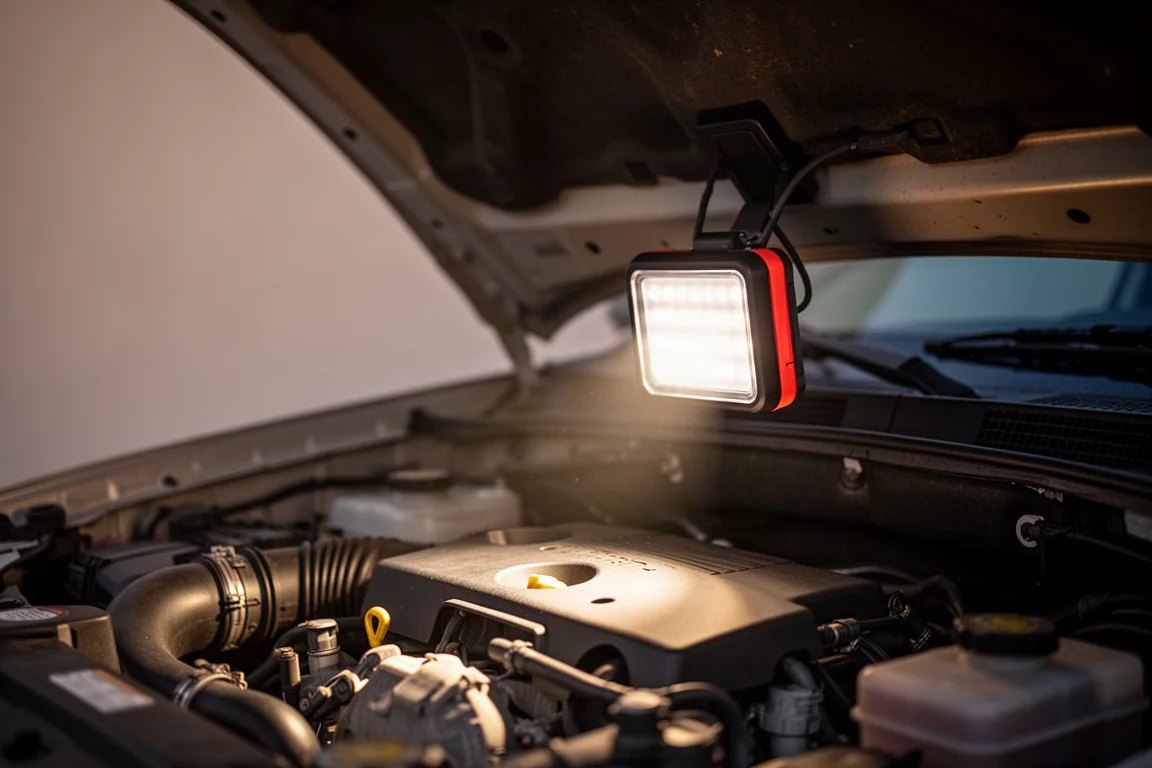 Luz de trabajo LED recargable sujeta al compartimiento del motor al atardecer