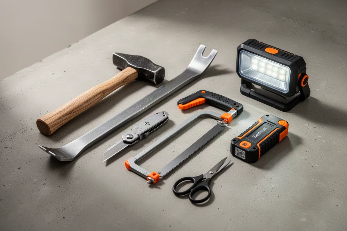 Compact overlanding hand tool kit laid out on a concrete surface