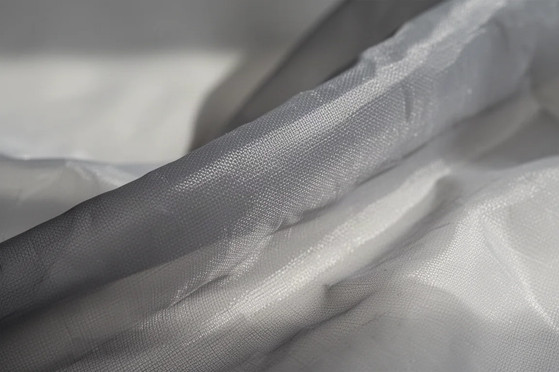 Nahaufnahme eines dünnen, halbtransparenten Silnylon-Stoffs mit seiner leichten Textur