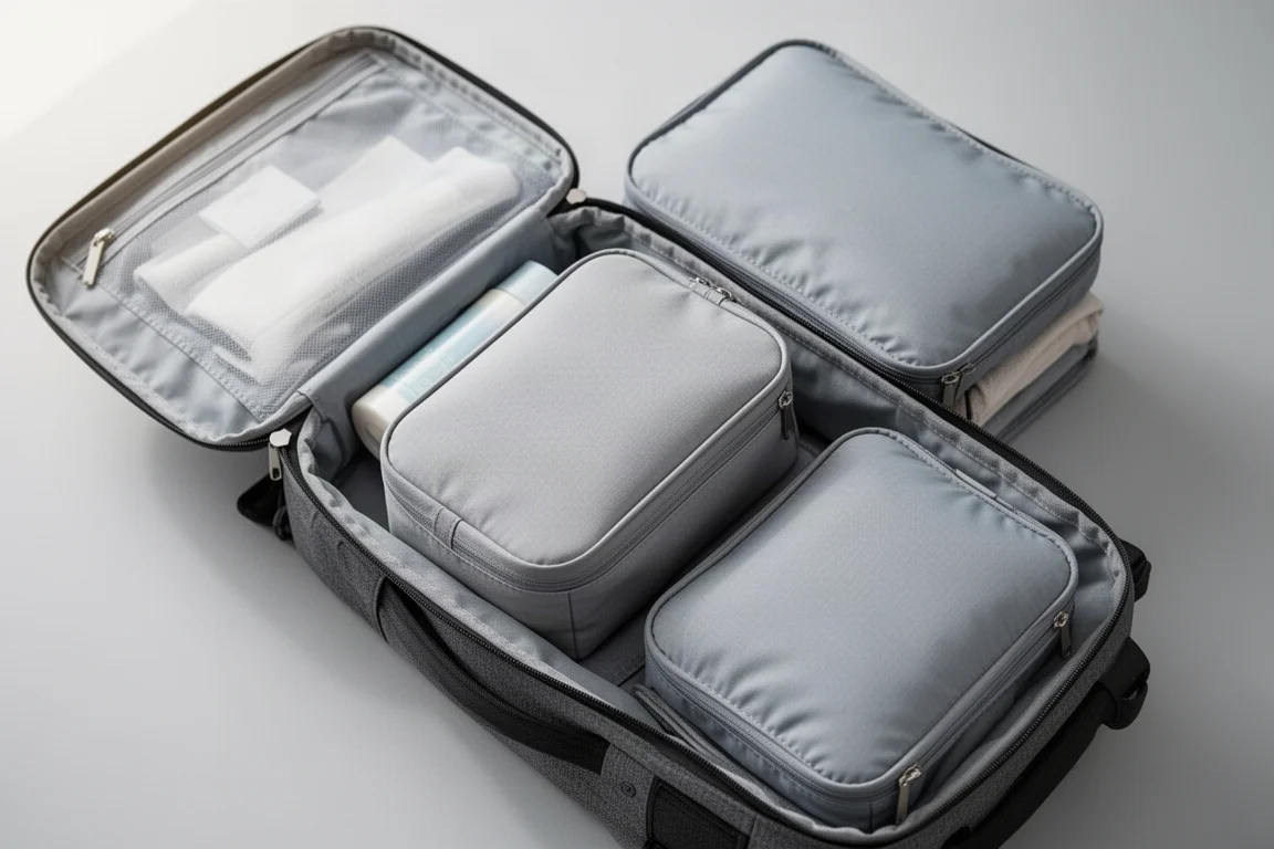 Minimalistische Packszene mit Kulturbeuteln, die ins Reisegepäck gelegt werden