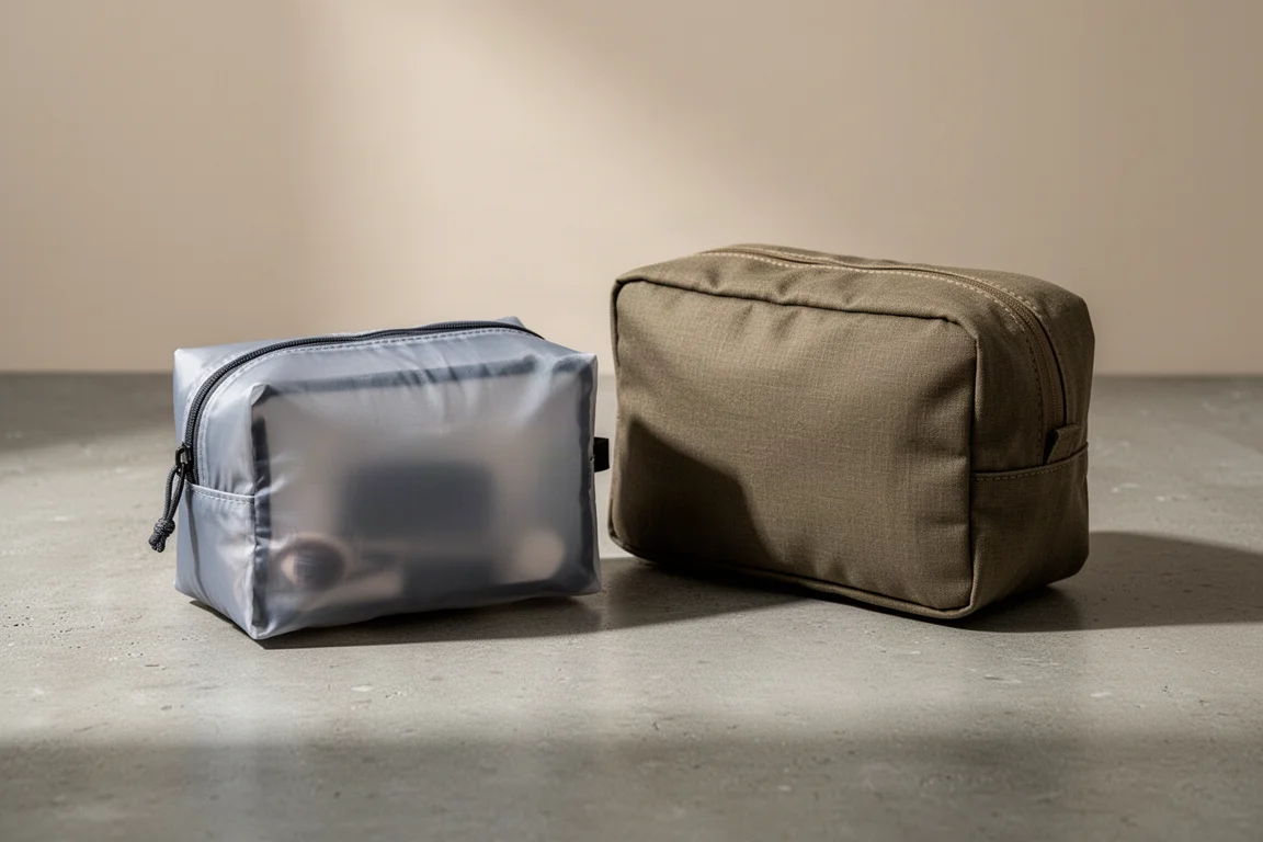 Two compact travel toiletry bags side by side on a concrete surface
