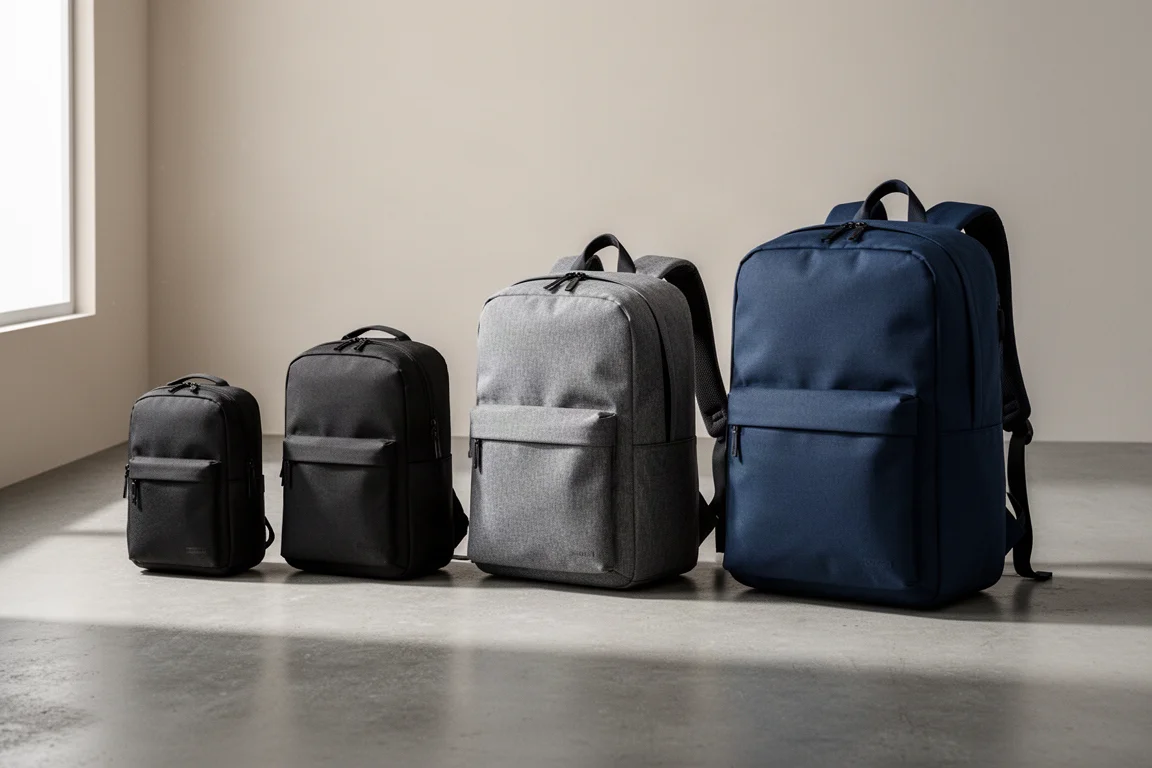 Five minimalist travel backpacks lined up in a row on a concrete floor