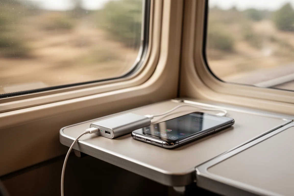 Power bank compacto carregando um celular na mesinha de trem