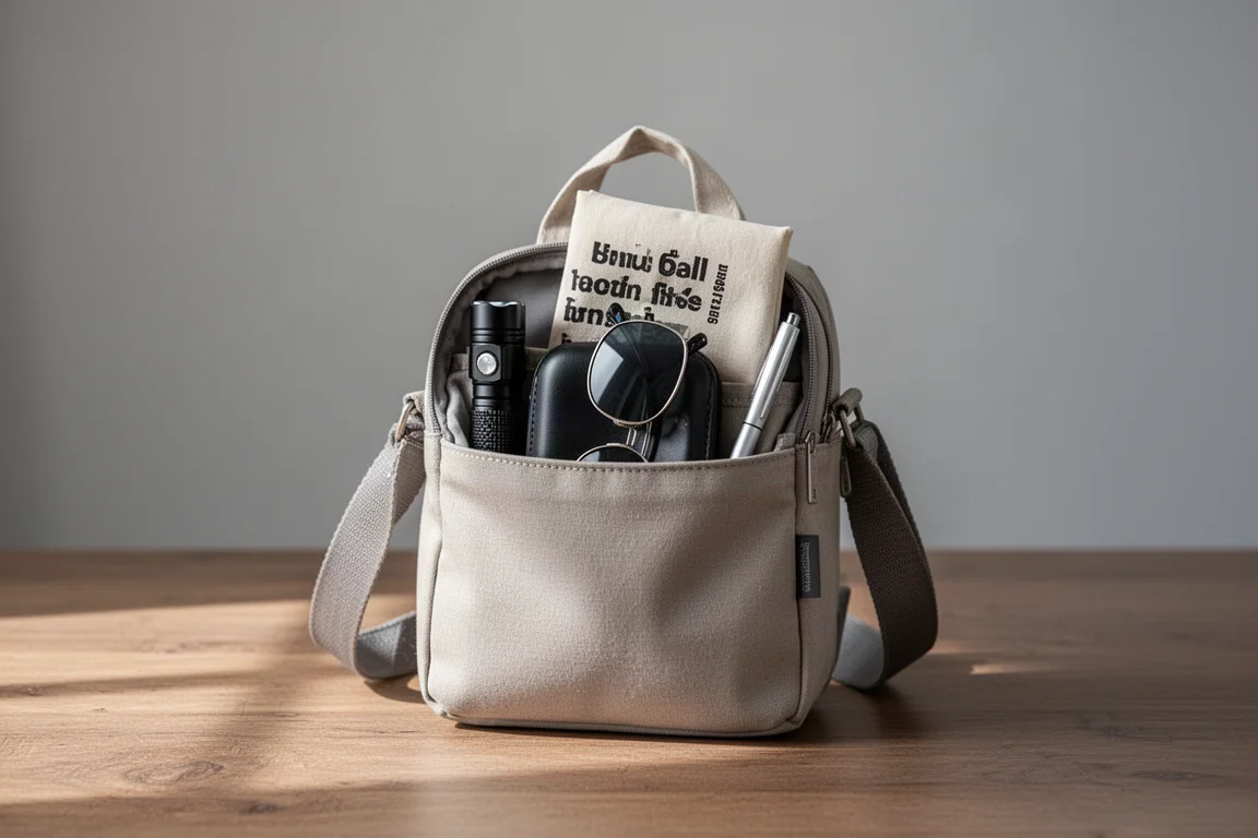 Bolsa transversal pequena totalmente cheia de itens compactos de everyday carry sobre uma mesa