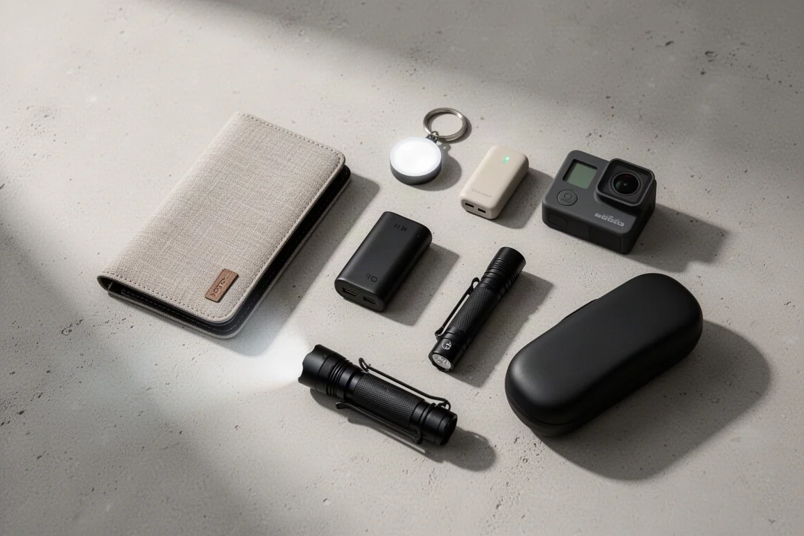 Rozłożone na płasko kompaktowe przedmioty podróżnego EDC, w tym portfel, powerbank i latarka, na neutralnym tle