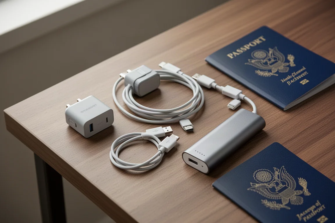 木製の机の上でコンパクトな充電器とケーブルを整理する旅行者