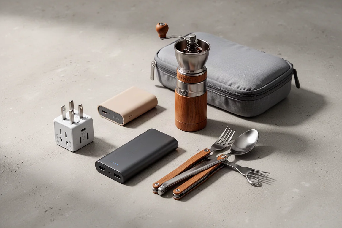 Kompaktowy sprzęt podróżny ułożony na betonowej powierzchni, w tym ładowarka, power bank i worek pakowy