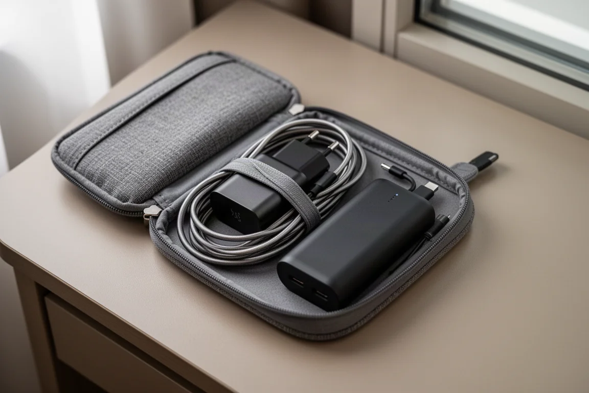 Open tech pouch with neatly coiled cables and compact electronics on a hotel desk