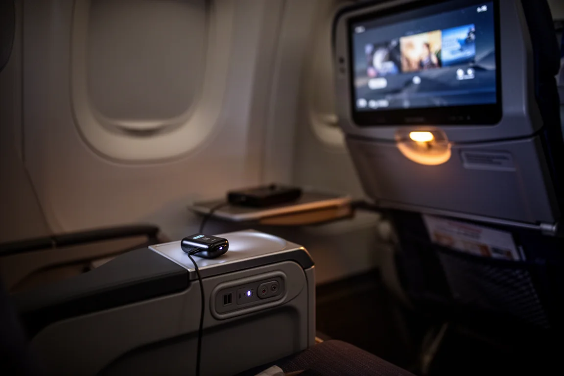 Traveler using earbuds and a wireless audio transmitter on a night flight