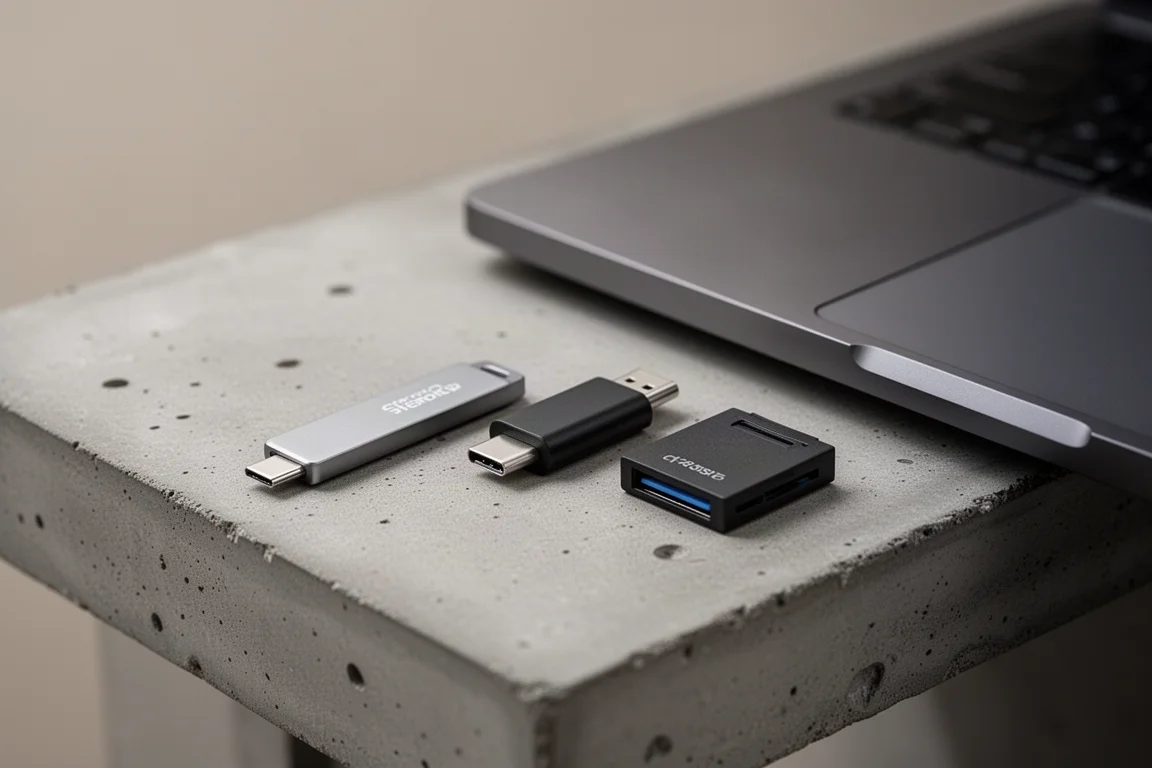 Tiny USB flash drive and USB-C adapters arranged beside a laptop for scale