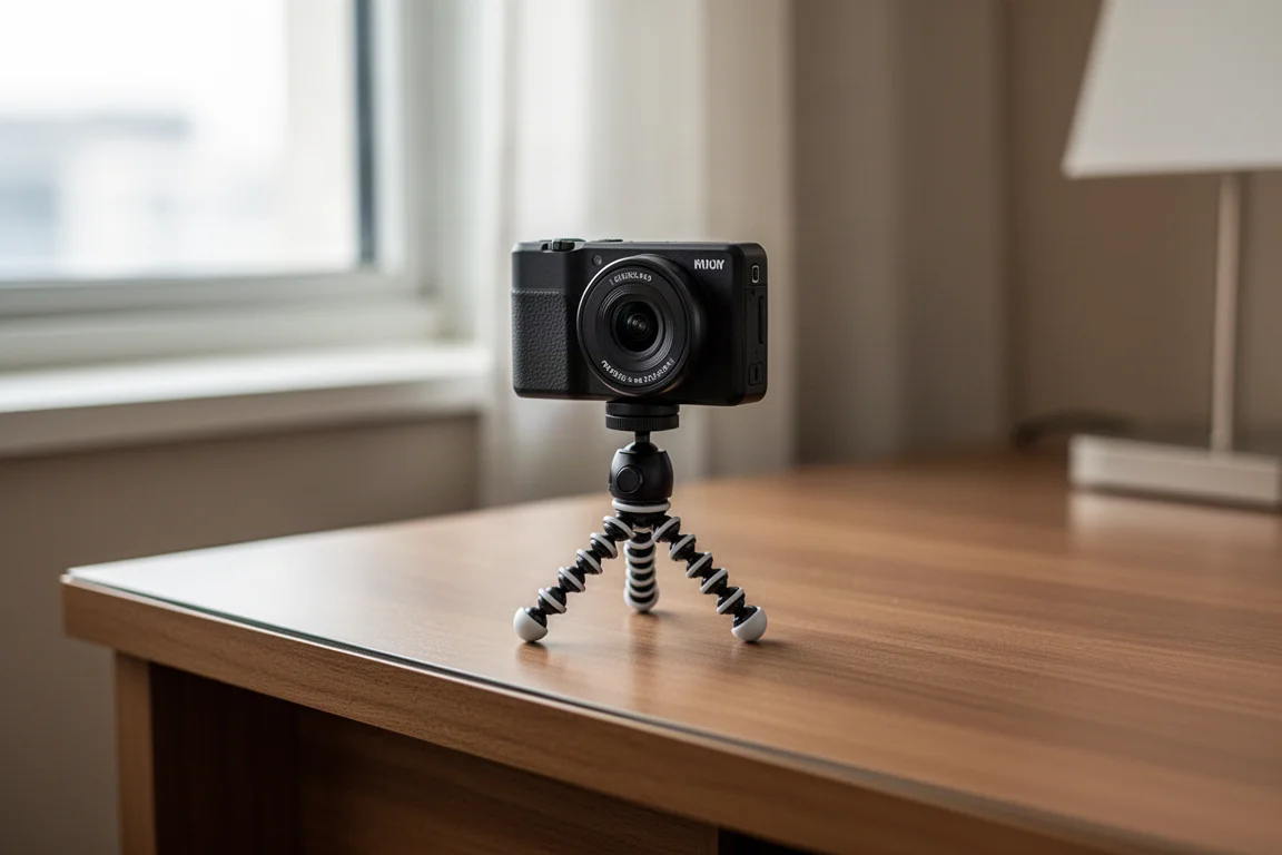 Compact camera on a small spring tripod set up on a wooden hotel table